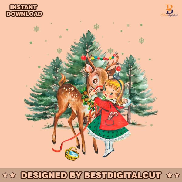 vintage-christmas-girl-and-reindeer-png-sublimation-design