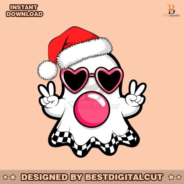 retro-cute-checkered-ghost-blowing-bubbles-christmas-santa-hat-svg