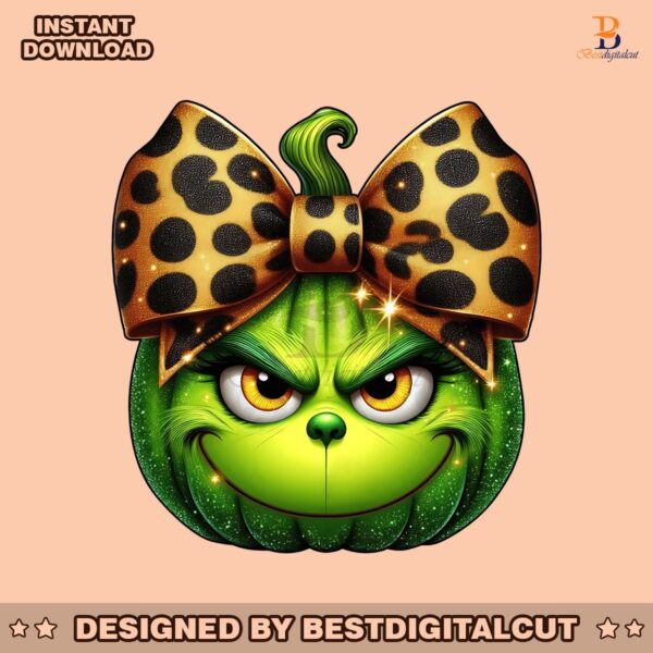 pumpkin-grinch-head-glitter-leopard-coquette-bow-png