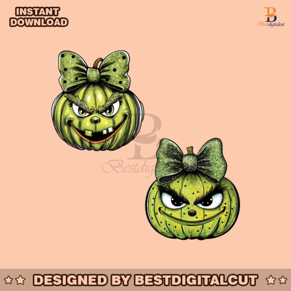 glitter-grinch-pumpkin-funny-christmas-green-coquette-bow-png