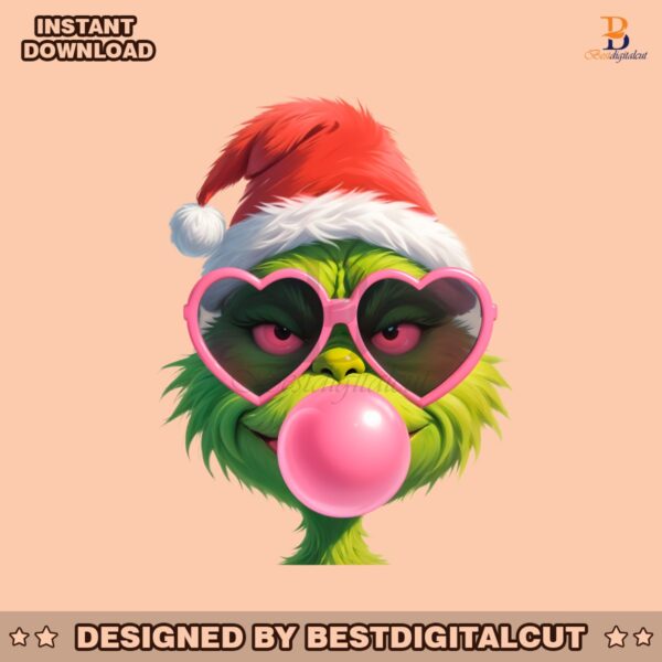 pink-christmas-grinch-blowing-bubble-heart-sunglasses-png-sublimation