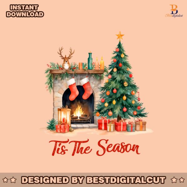 retro-tis-the-season-christmas-fireplace-with-tree-svg