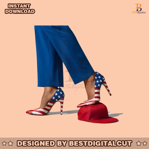 kamala-harris-with-america-flag-high-heels-stepping-on-red-hat-svg