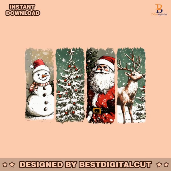 retro-vintage-snowman-christmas-tree-santa-claus-and-reindeer-png