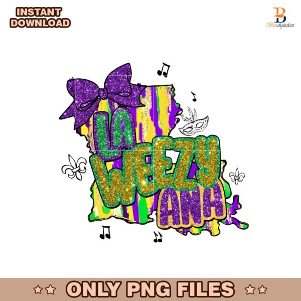 La Weezy Ana Mardi Gras Louisiana Map Glitter Bow Png