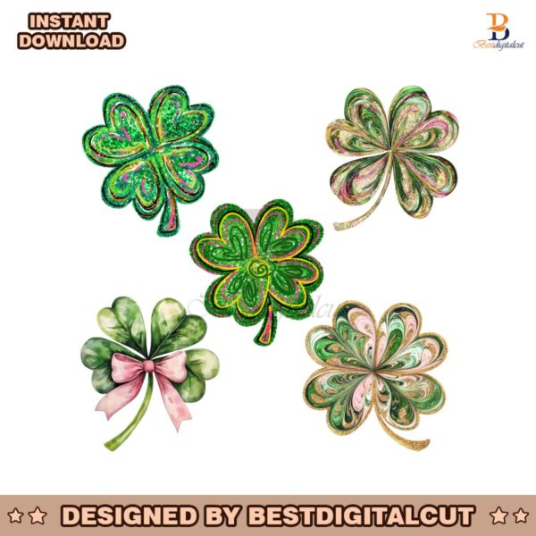 St Patrick's Day Glitter Shamrock Four Leaf Clover PNG Bundle