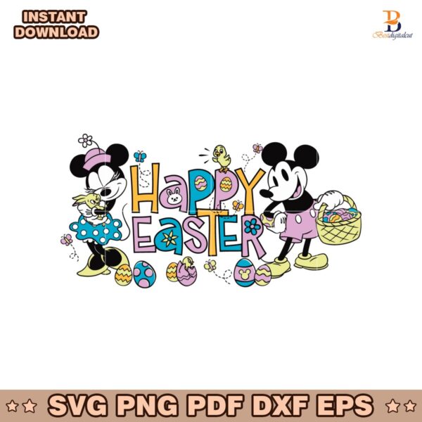 Colorful Happy Easter Mickey Mouse And Minnie Mouse SVG