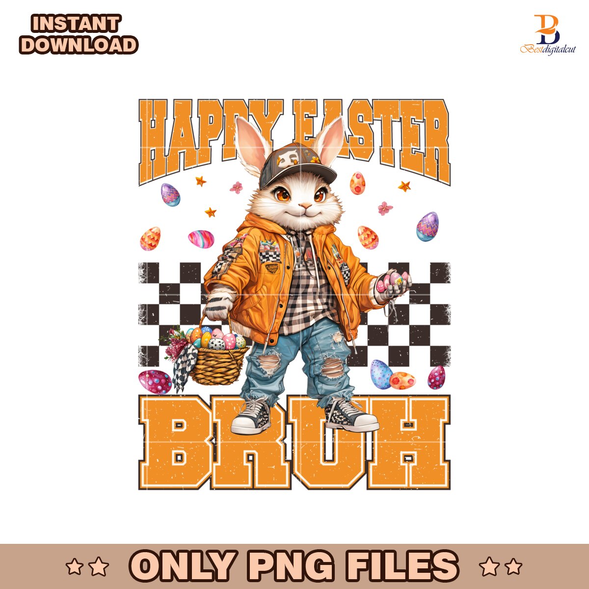 Cool Bunny Happy Easter Bruh Checkered PNG