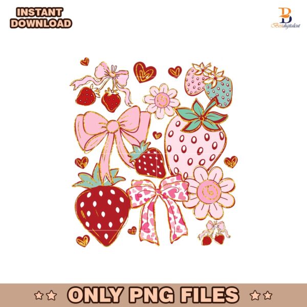 Boho Strawberry Coquette Bow Preppy Love Png