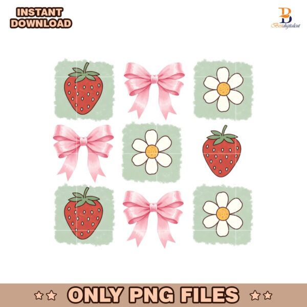 Cute Strawberry Bow And Daisy  Pastel Girly Grid PNG