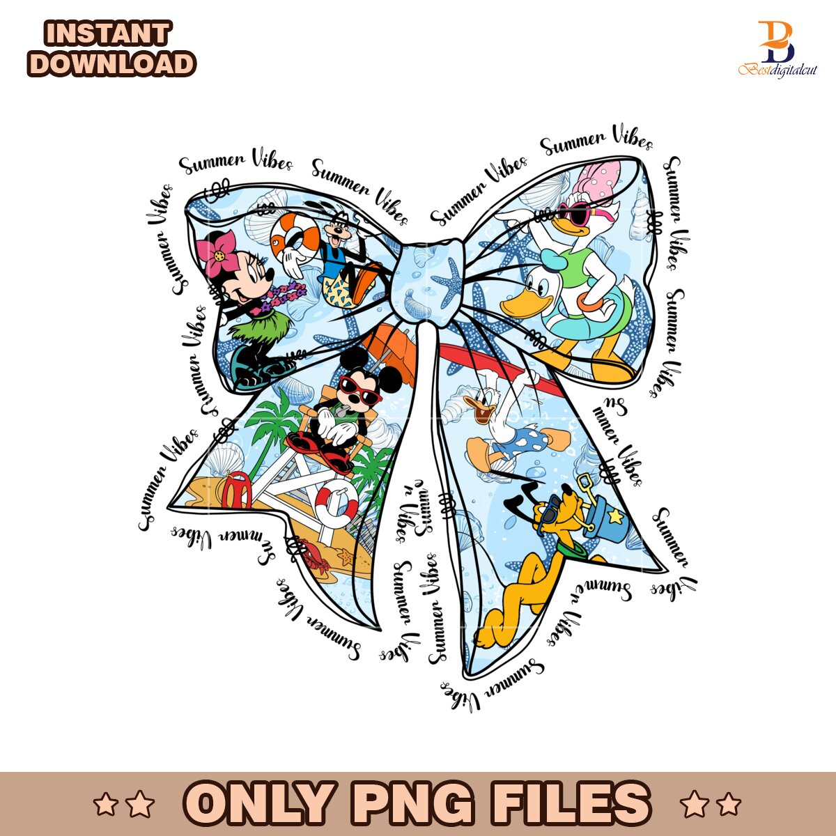 Cute Summer Cartoon Characters Inside Pastel Ribbon PNG