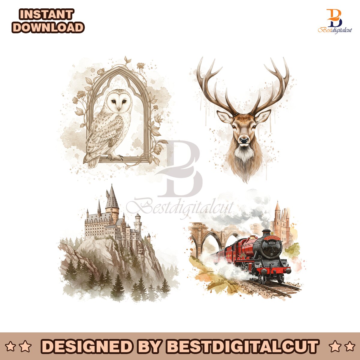 Magical School Watercolor Owl Castle Stag & Steam Train PNG Bundle