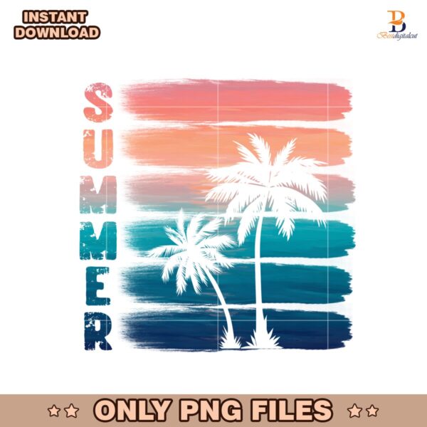 Sunset Beach Brush Stroke Design With Palm Trees PNG