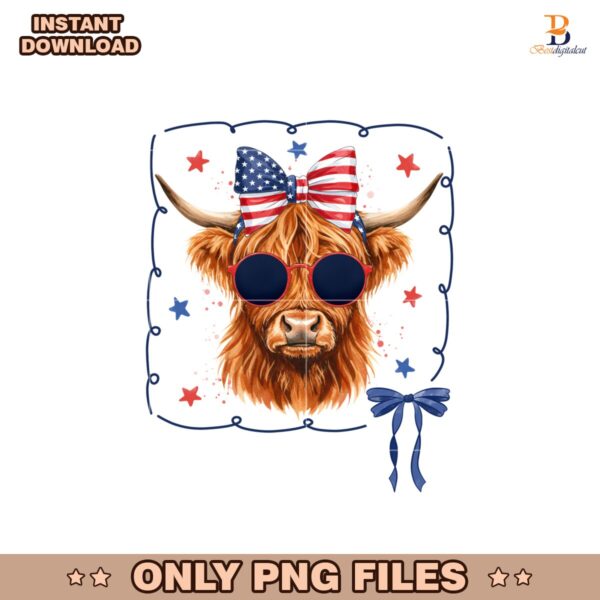Patriotic Highland Cow Farm Animal Coquette Bow PNG