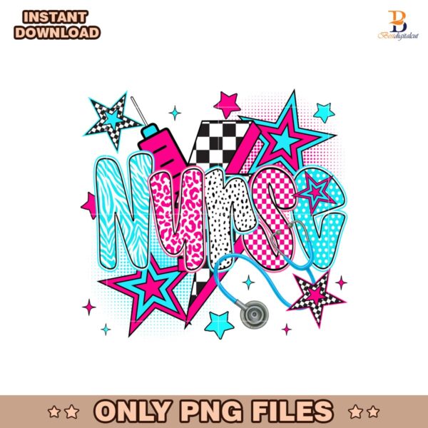 Retro Neon Nurse Life Checkered Stars PNG