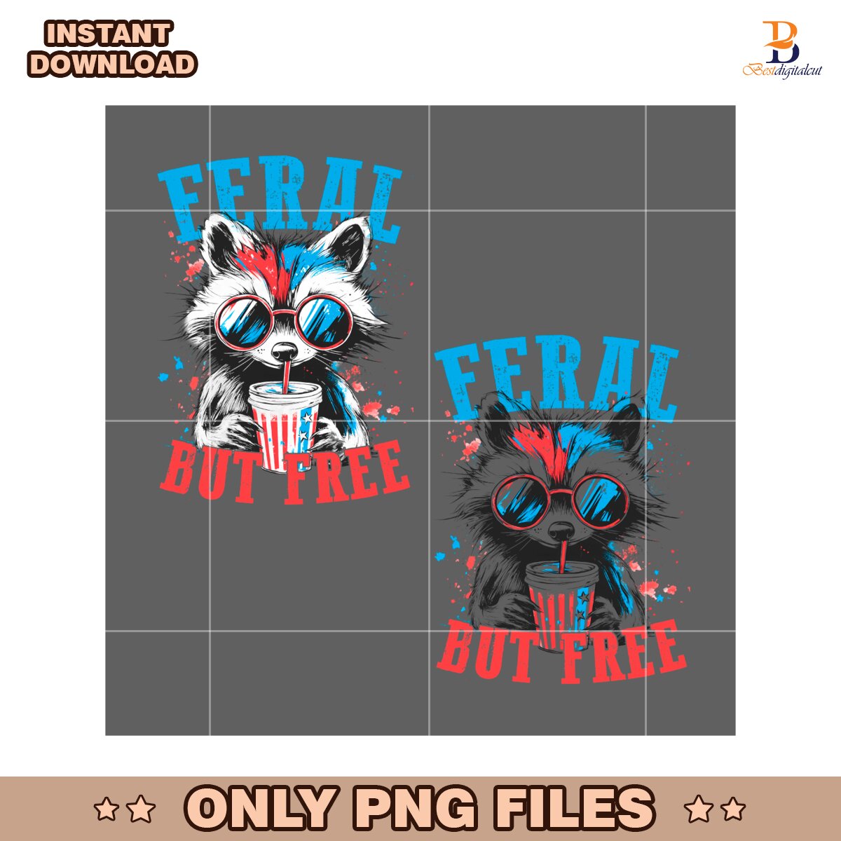 Feral But Free Funny Raccoon Fourth Of July Sublimation PNG