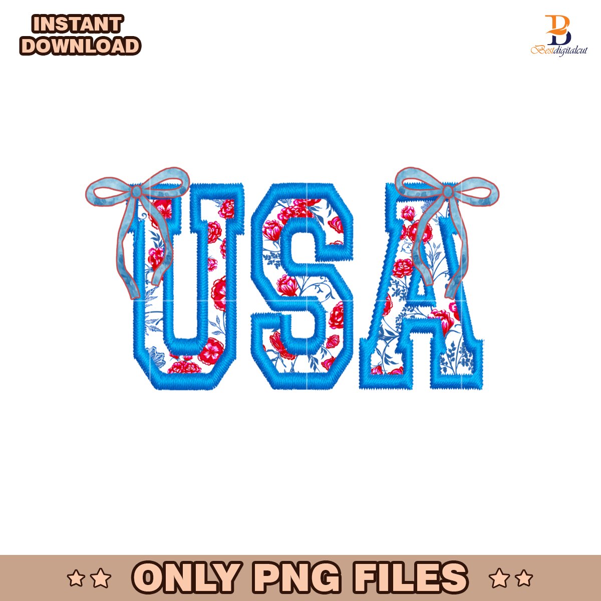 Floral Bow Usa Patriotic Girly Retro Embroidery Style Fourth Of July PNG