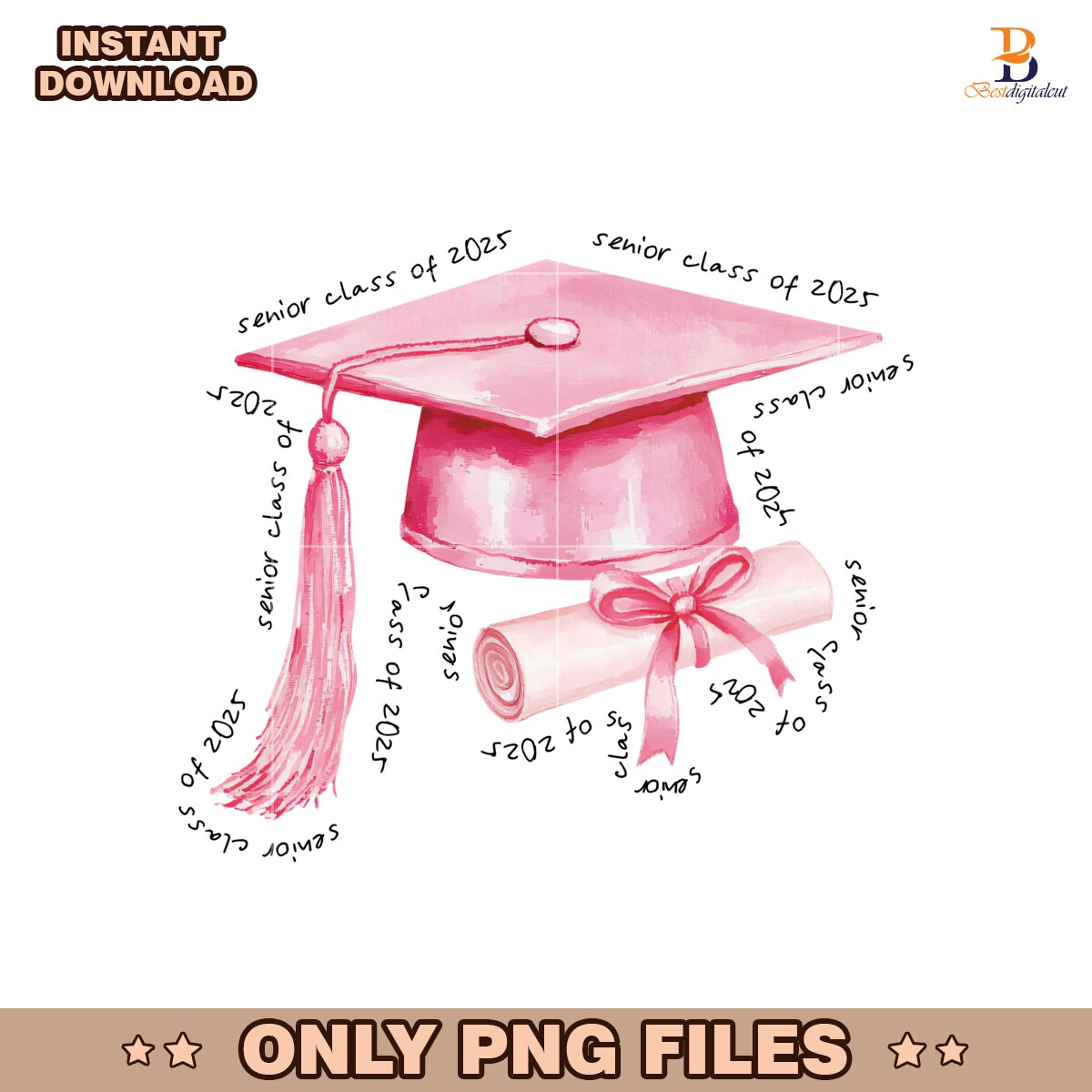 Graduation Cap Coquette Pink Bow Senior Class Of 2025 PNG