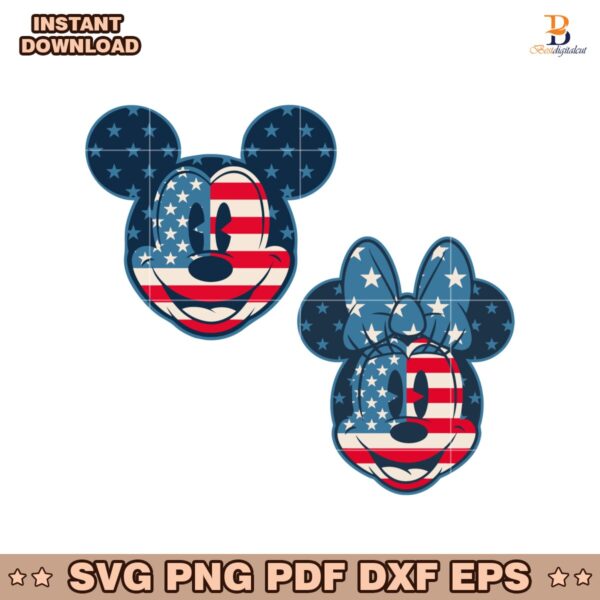 Mickey And Minnie Head With American Flag Pattern SVG