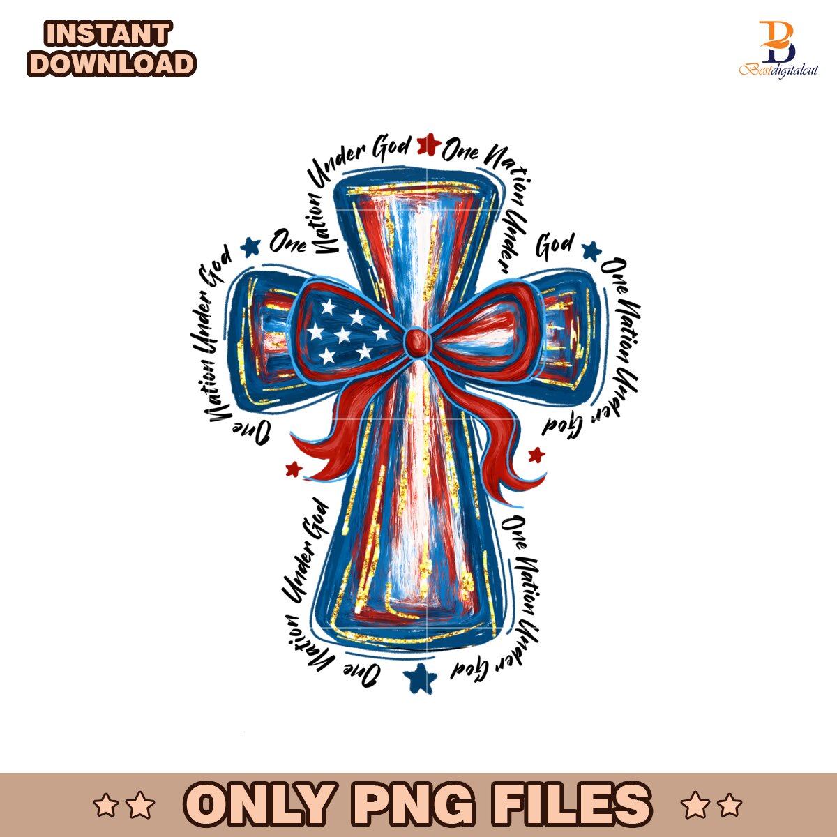 One Nation Under God Cross Memorial Day Bow PNG