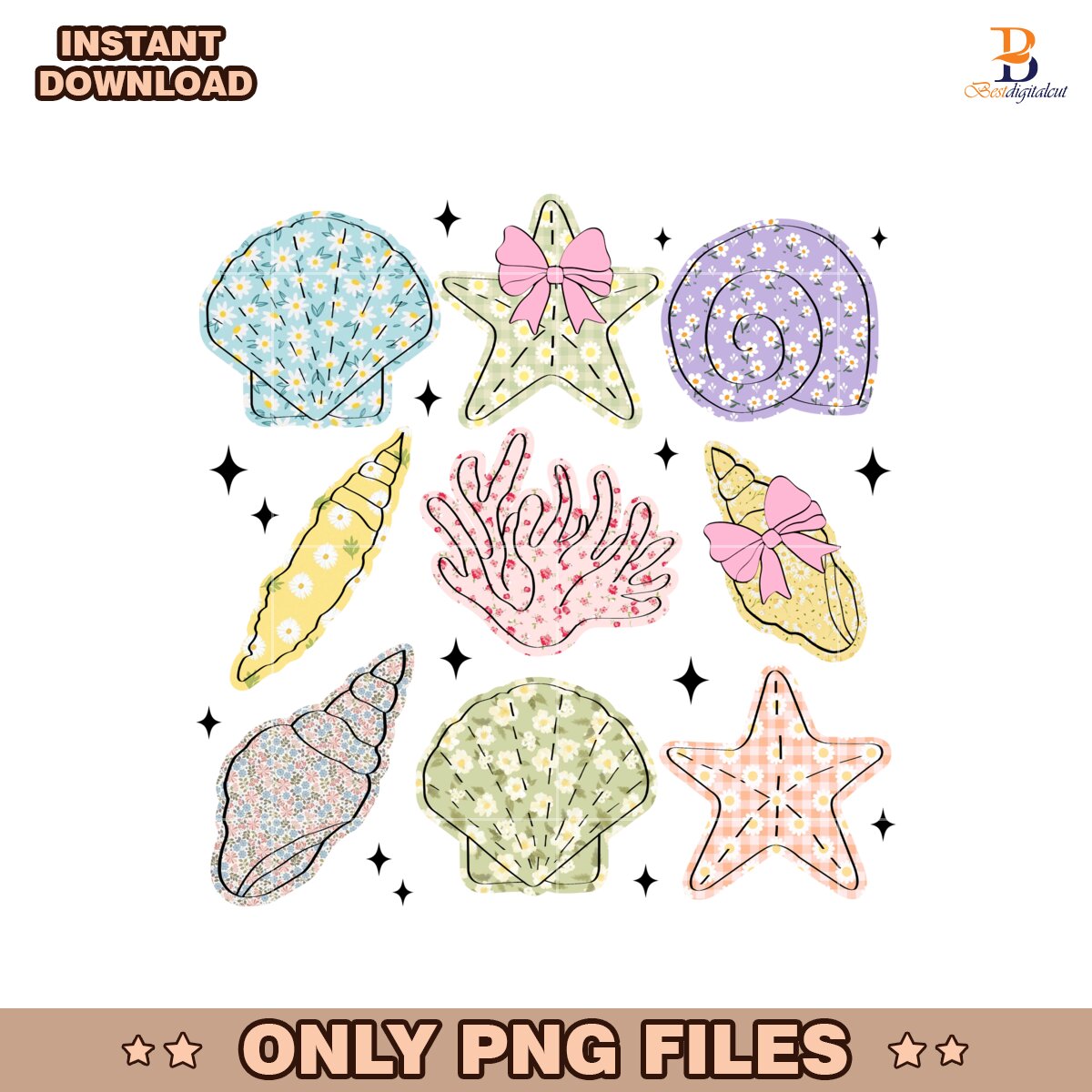 Summer Vibes Wildflower Seashell Clam PNG