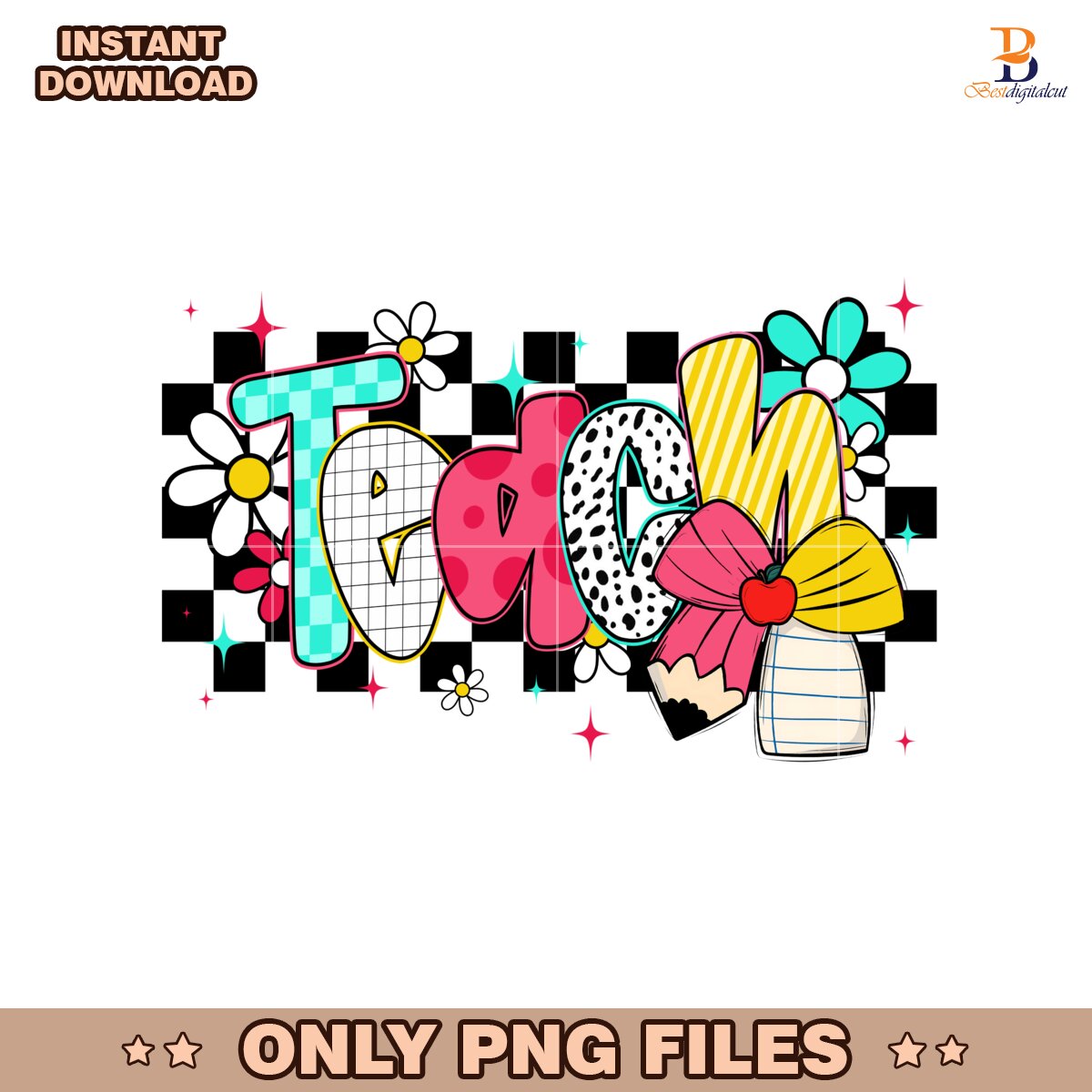 Teach Pencil Coquette Bow Preppy Checkered Floral PNG