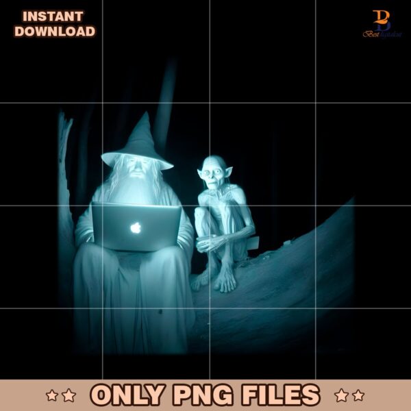 Gandalf And Gollum Using Laptop Meme Funny Night Scene PNG